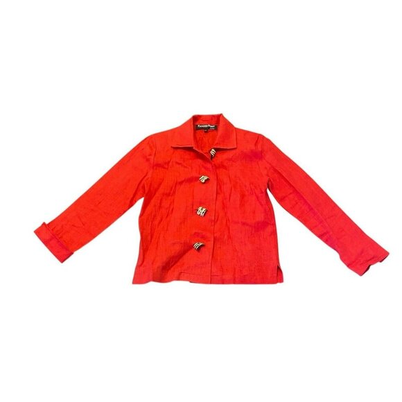 Blazer Jackets & Blazers - VTG Painted Pony Blazer Short Jacket Womens XS Linen Red Zebra Wooden Button USA